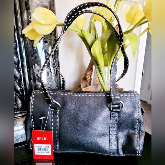 Relic Handbags - Relic Hannah Contrast Stitching Shoulder Bag Vegan Leather Black 12"×7"×3" NEW